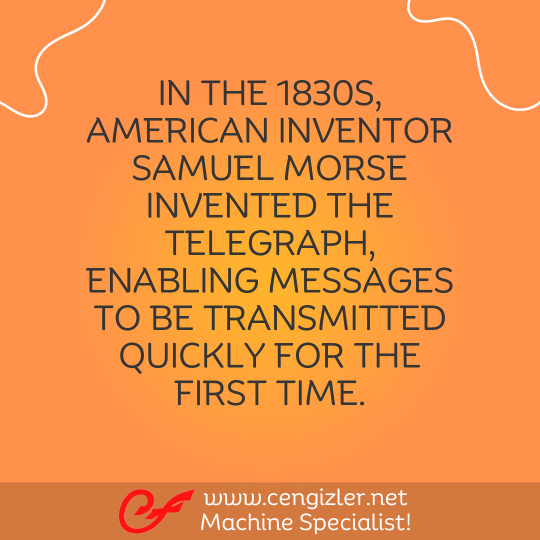 3  In the 1830s, American inventor Samuel Morse invented the telegraph, enabling messages to be transmitted quickly for the first time